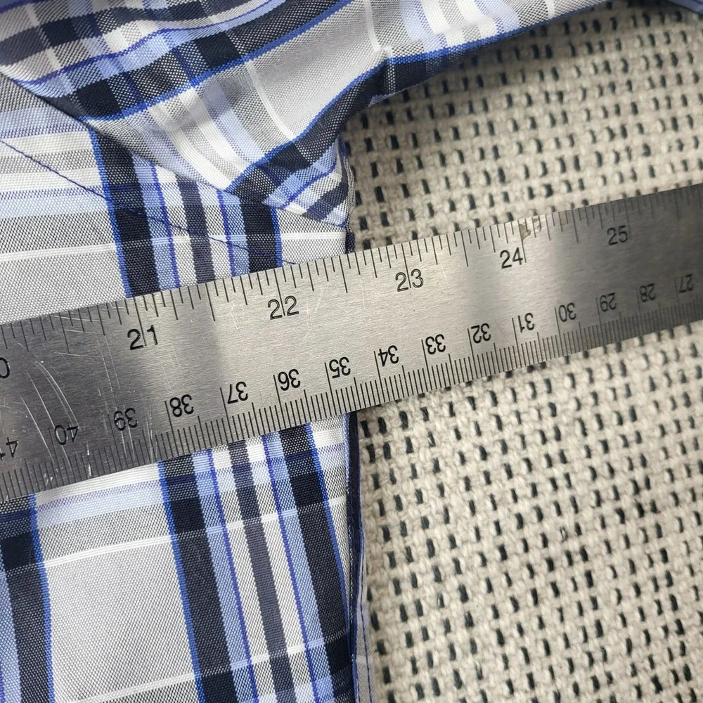 David Donahue Shirt Mens L Blue Grey Plaid Cotton Long Sleeve Button Down Spread